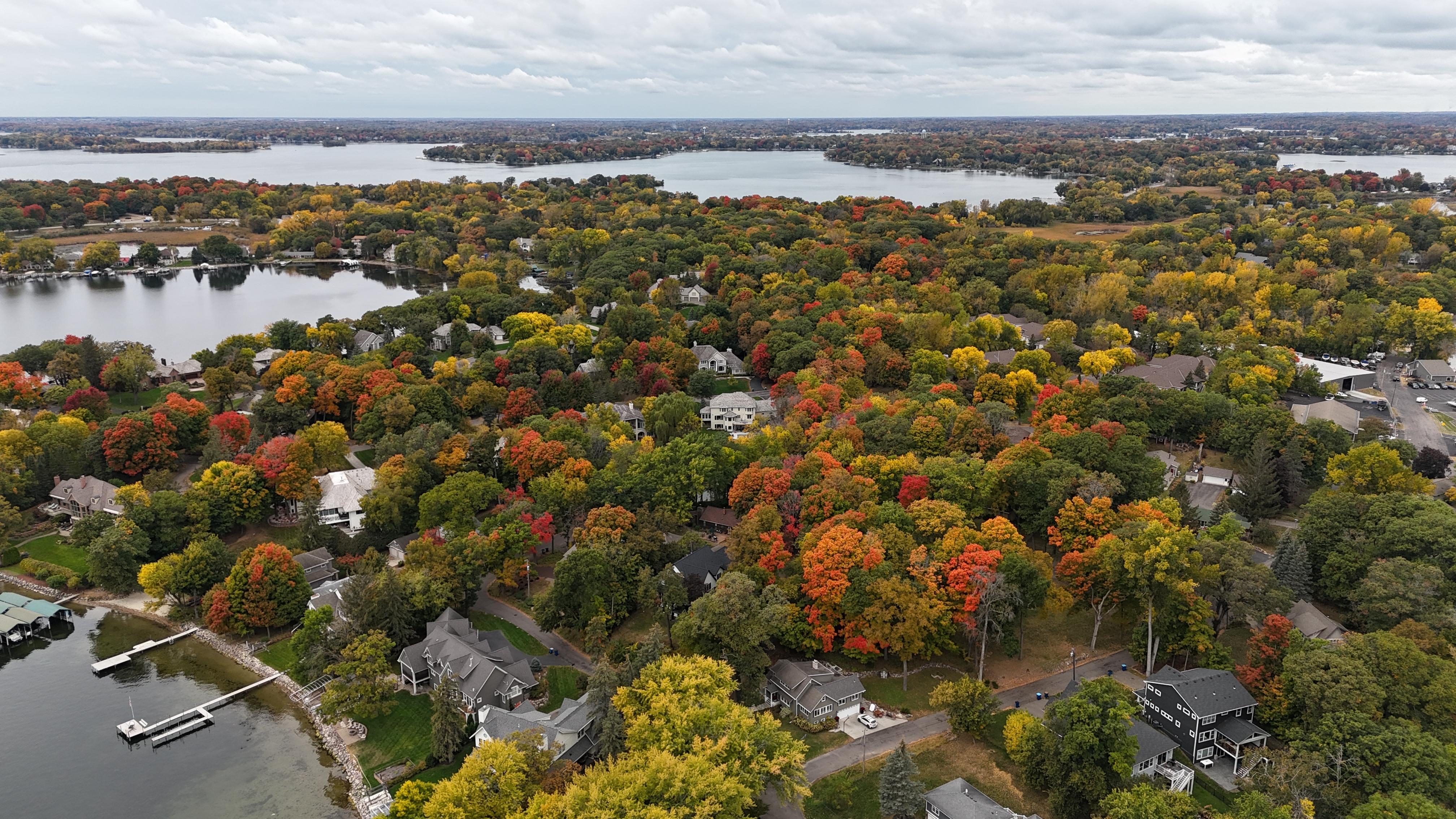 Aerial view of Lake Minnetonka fall colors